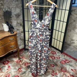 LUSH Navy Plaid Rust Ivory Floral Wide Leg Jumpsuit/Overalls: Size MEDIUM
